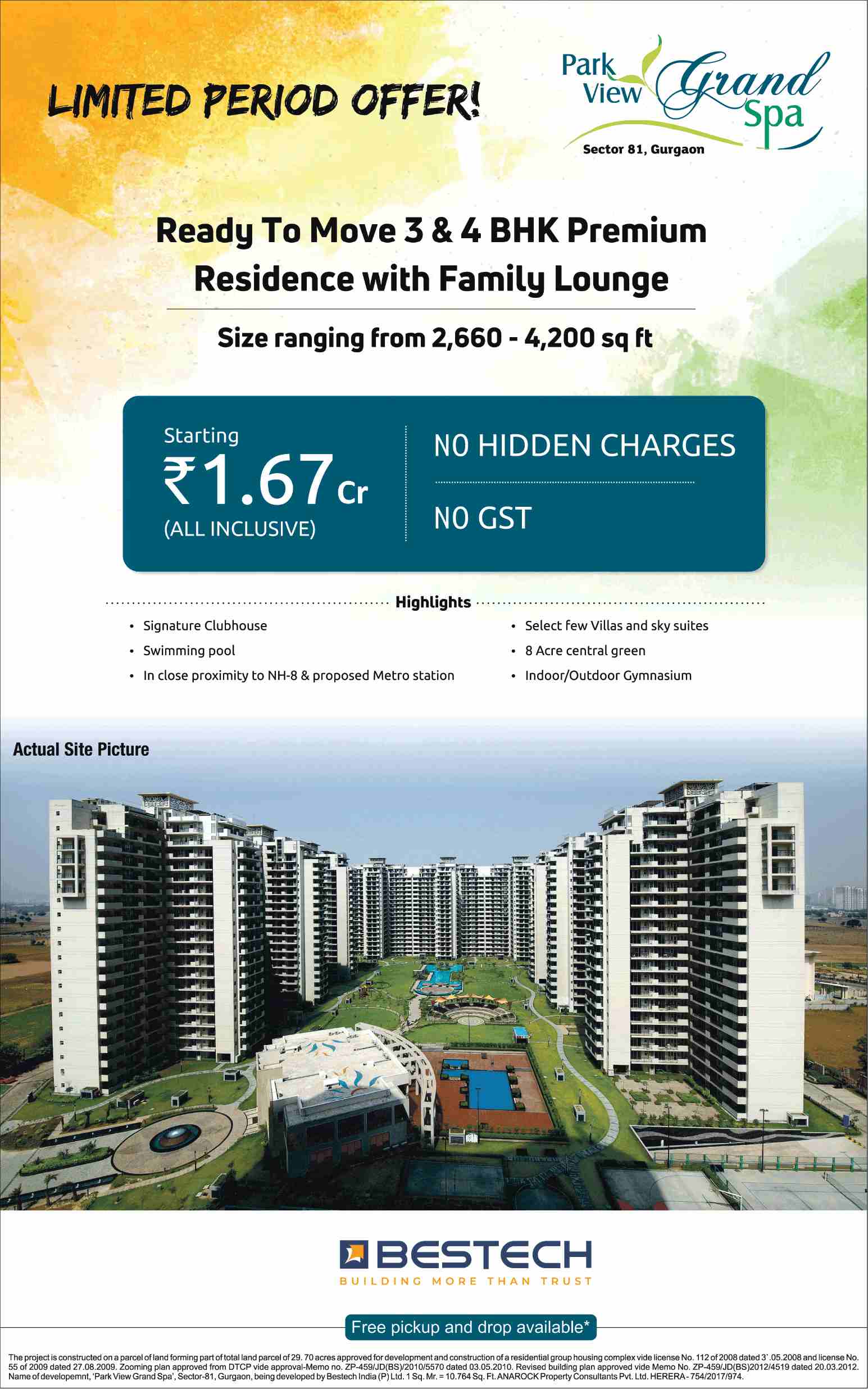 Book premium residences with family lounge @ Rs. 1.67 cr. at Bestech Park View Grand Spa in Gurgaon Update
